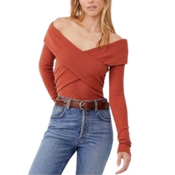Free People Sweaters - Free People NWT Rib Knit Crisscross Off-the-Shoulder Long Sleeve Top Size Small